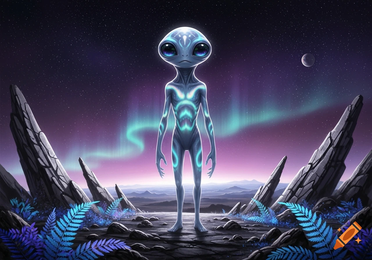 A stylized grey alien with glowing blue patterns on a rocky alien planet with glowing plants, under a purple aurora sky and distant moon.