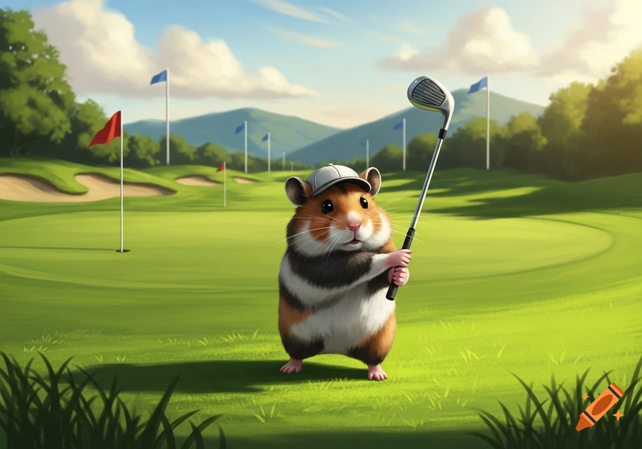 A cute hamster wearing a golf cap swings a golf club on a green golf course with flags and sand traps under a blue sky.