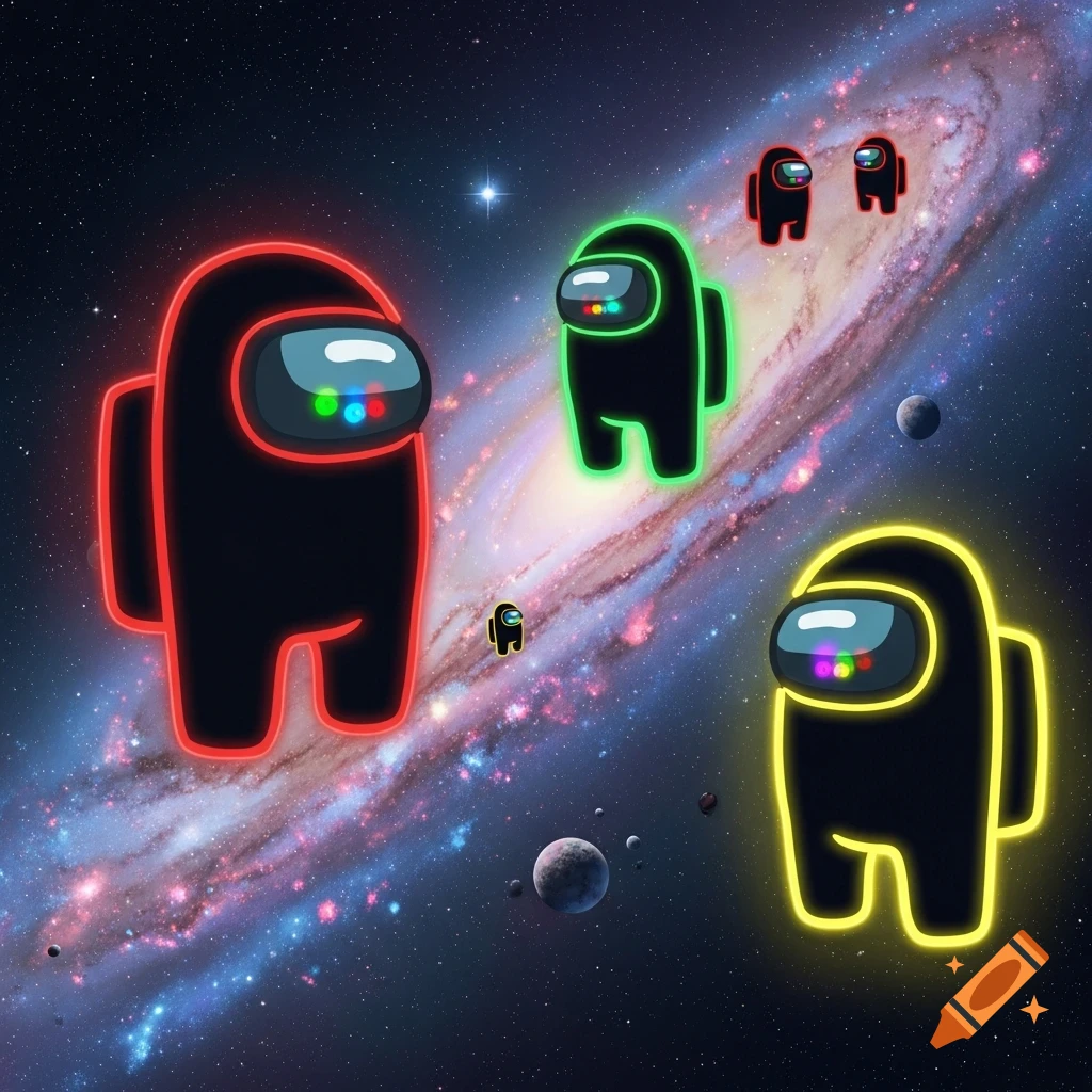 Neon outlined Among Us characters of various sizes float in a vibrant galaxy with planets.