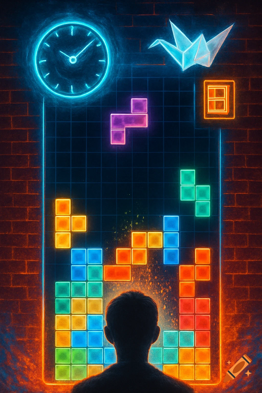 Silhouette of a person watching a glowing Tetris-like game on a brick wall, with a neon clock and origami crane above.