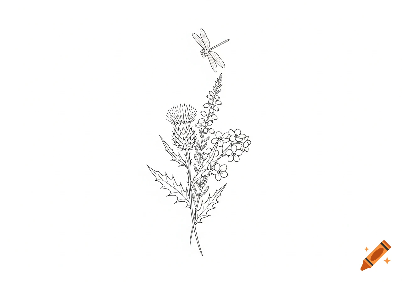 A delicate fine-line black and white tattoo design featuring a Scottish thistle, heather, forget-me-nots, and a dragonfly.