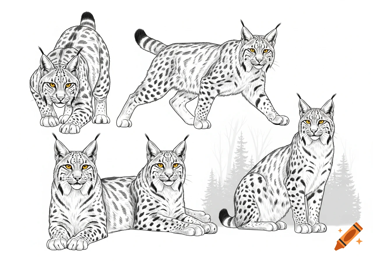 Five black and white sketch illustrations of a Eurasian lynx in various full-body poses, featuring subtle yellow eyes.