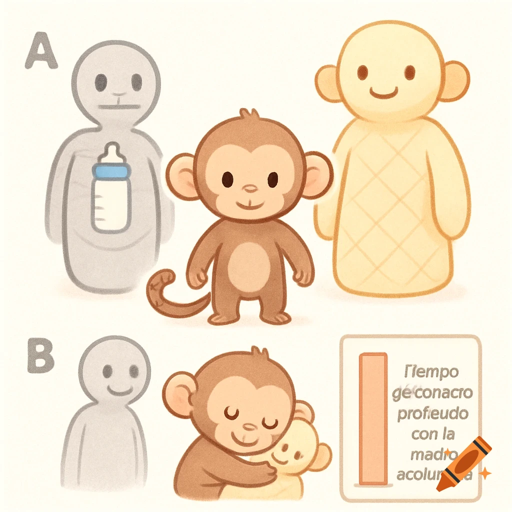 A stylized educational illustration showing a baby monkey with different mother figures, labeled A and B. Panel A shows a wire mother and a cloth mother. Panel B shows the monkey hugging the cloth mother, with a Spanish text label.