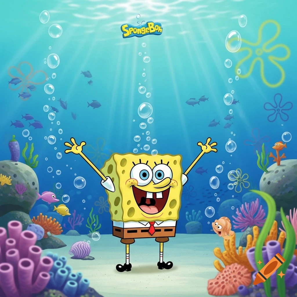 Spongebob Squarepants smiling happily with arms raised in a vibrant underwater scene with corals, fish, and bubbles.