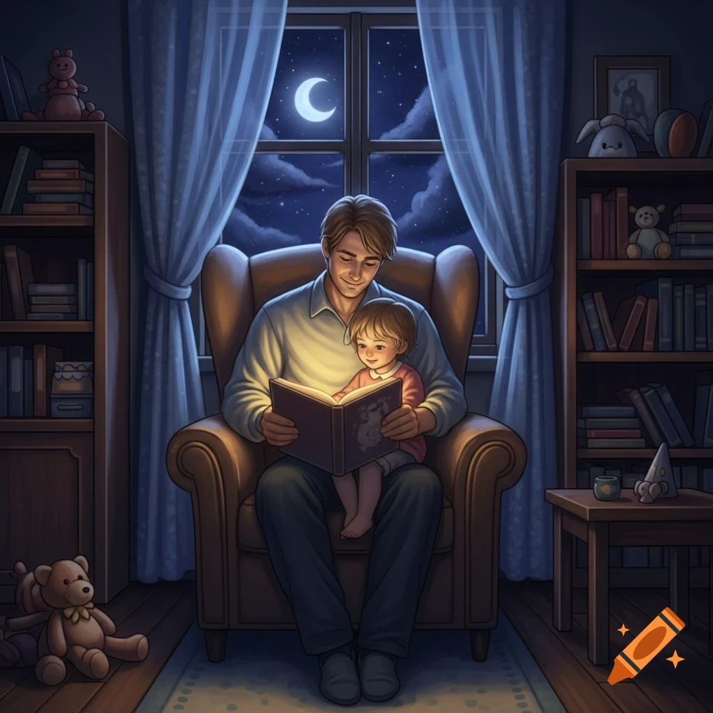A man reads a glowing book to a child on his lap in a cozy, softly lit room with bookshelves, under the moonlight.