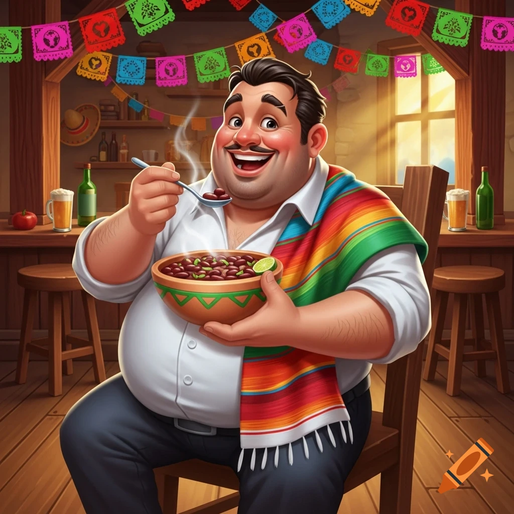 A cartoon man with a mustache, wearing a white shirt and colorful shawl, happily eats beans from a bowl in a festive, Mexican-themed setting.