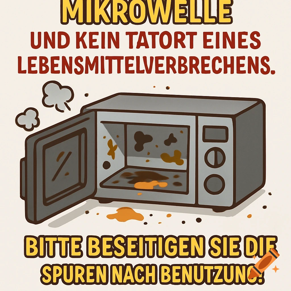 A cartoon illustration of an open, dirty microwave with brown and orange splatters inside, accompanied by German text in a clean, bold style.