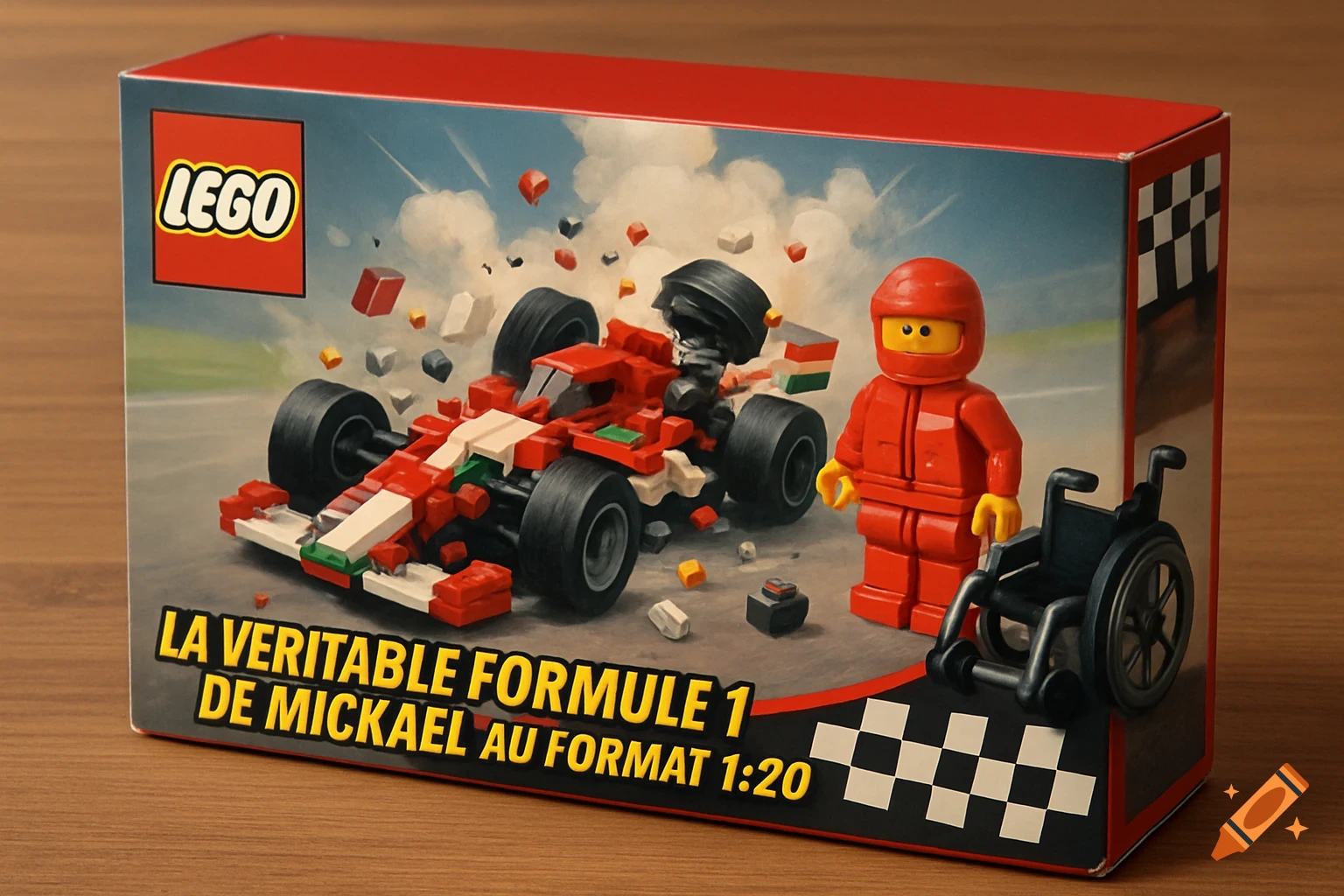 A Lego box features a red race car, a minifigure, and a wheelchair, with text 'LA VERITABLE FORMULE 1 DE MICKAEL AU FORMAT 1:20'.