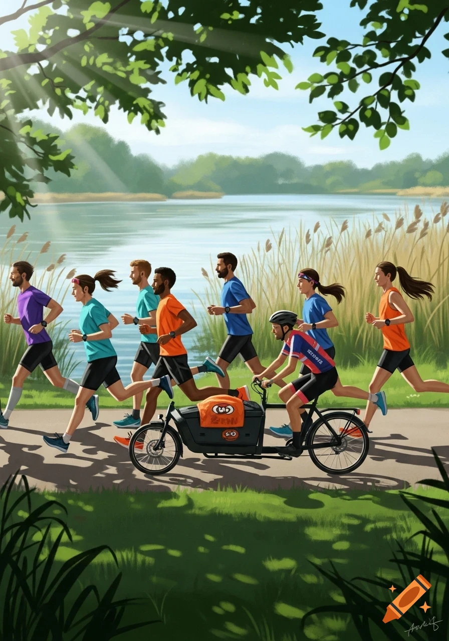 A group of diverse runners accompanies a cargo bike cyclist along a lakeside path, under dappled sunlight. Stylized illustration.