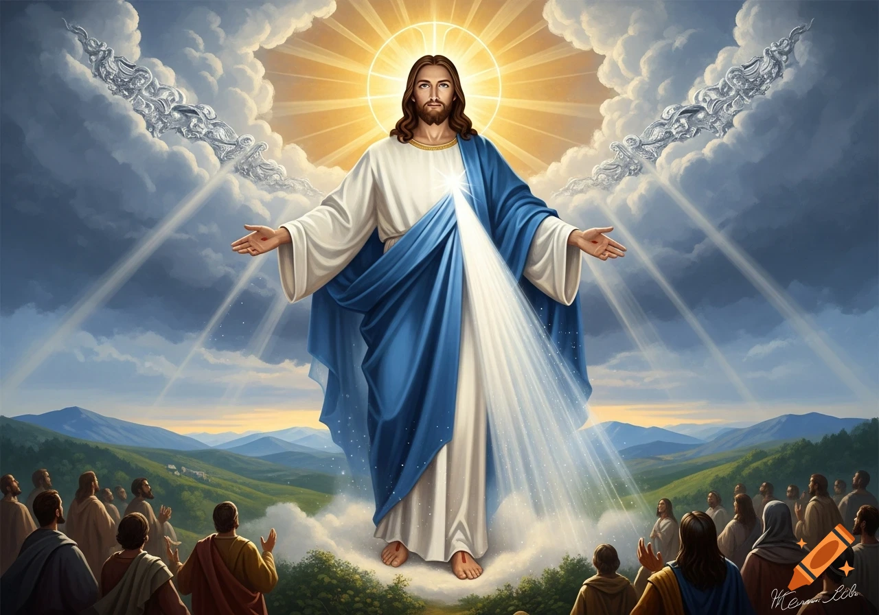 Jesus stands on clouds with outstretched arms, radiating light over a landscape with a worshipful crowd, in a divine digital painting.