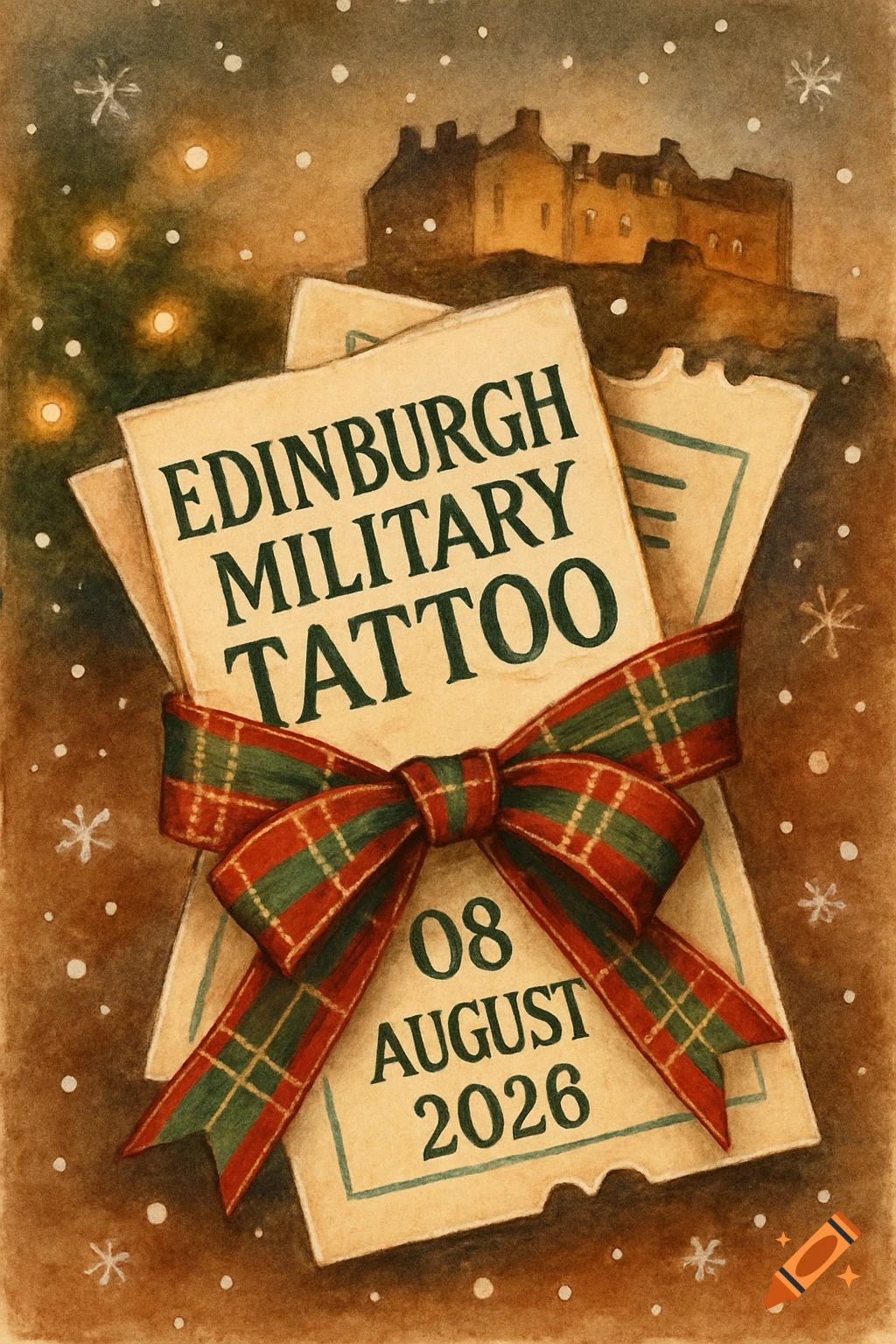 Illustrated Christmas card showing Edinburgh Military Tattoo tickets wrapped with a tartan ribbon, in front of Edinburgh Castle at night with snow.
