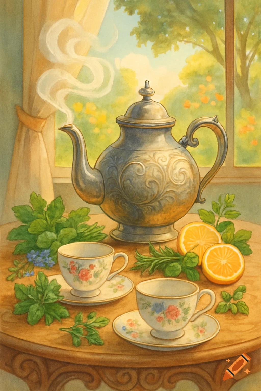 A painted still life of a steaming silver teapot, two floral teacups, herbs, and lemon slices on a wooden table by a window overlooking a garden.