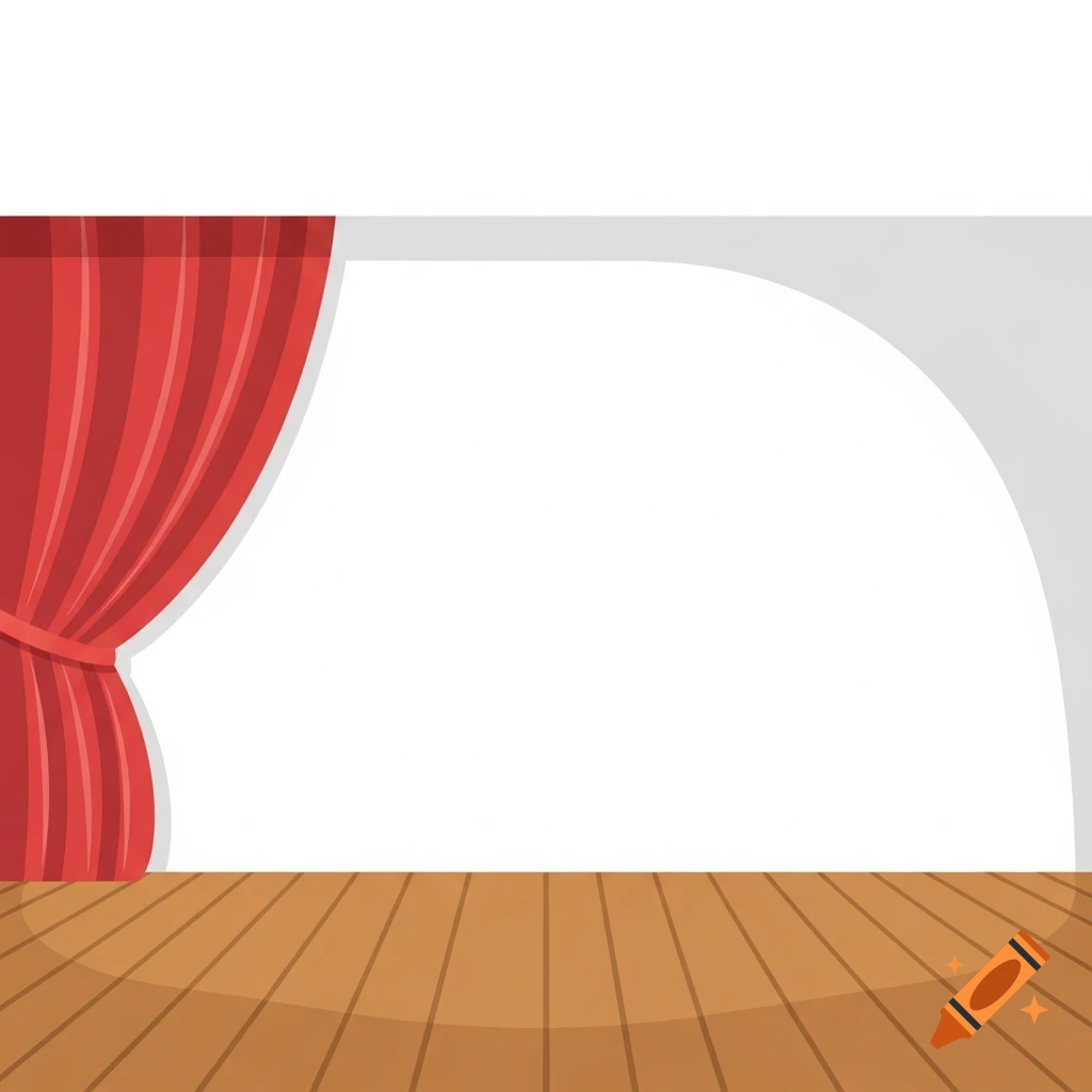 Cartoon-style theater stage with red curtain, wooden floor, and white backdrop.