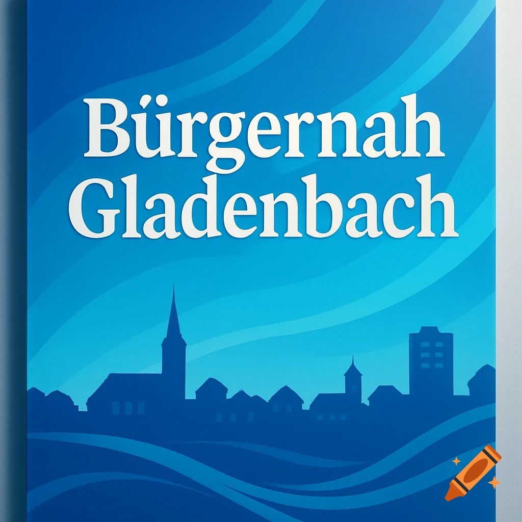 Blue political poster with white text "Bürgernah Gladenbach" above a dark blue silhouette of a city skyline with waves.