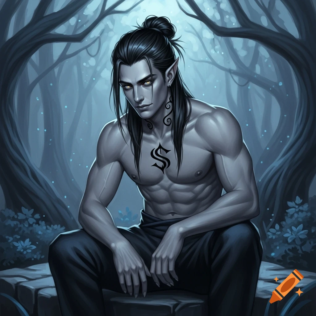 A grey-skinned male shadar-kai with long black hair in a bun and golden eyes, shirtless with a black symbol on his chest, sits in a dark, mystical forest.