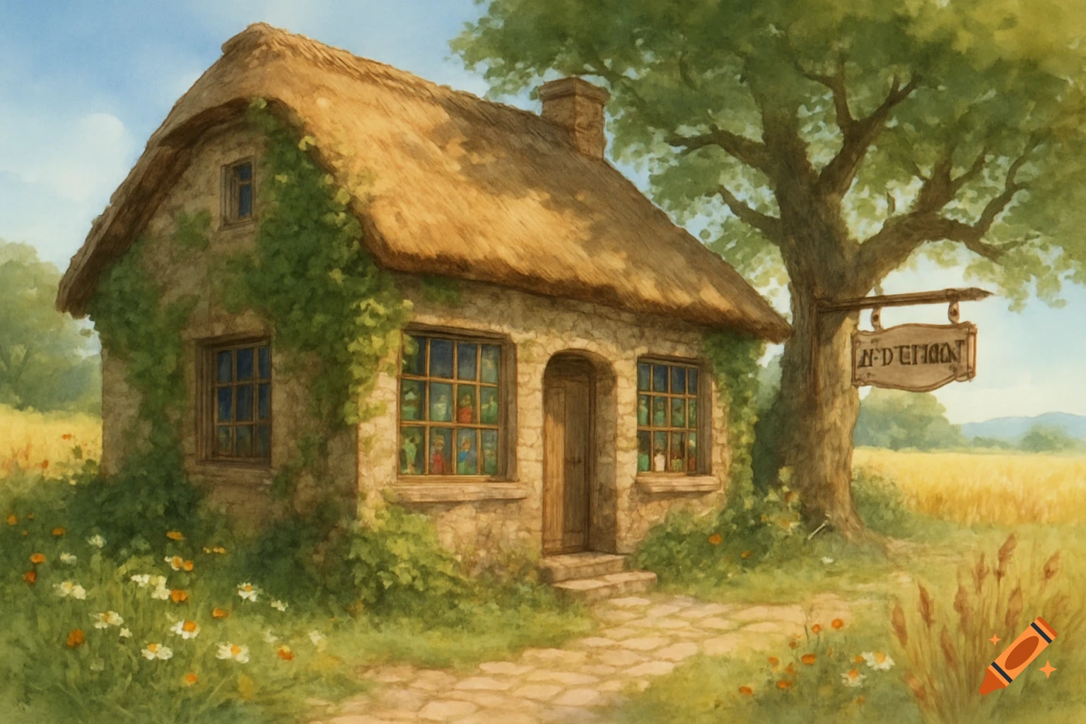 Charming watercolor painting of an ivy-covered stone cottage with a thatched roof and a stone path, nestled beside a large tree in a field of wildflowers.