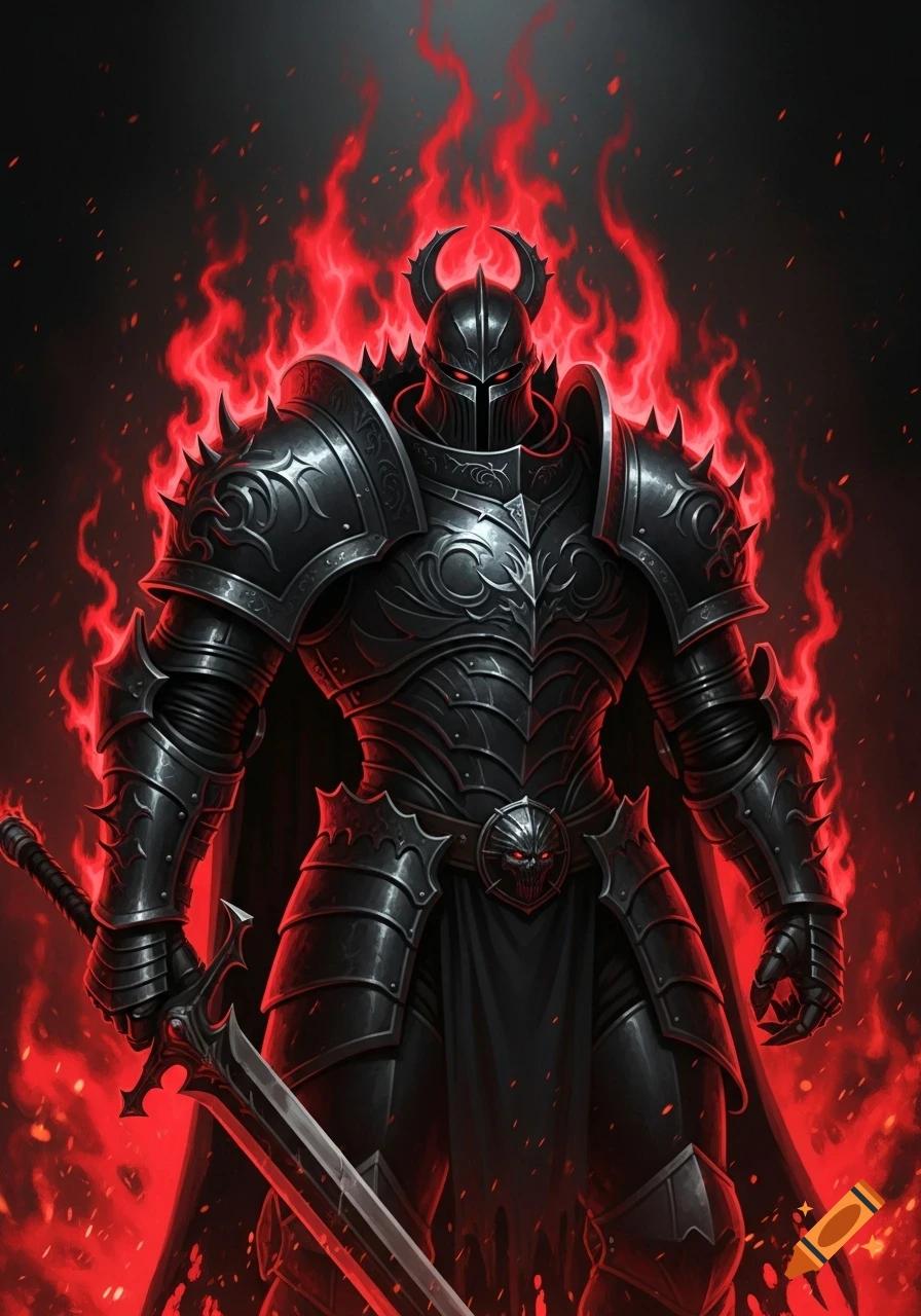A black knight in ornate, spiked armor with a horned great helm stands amidst swirling red flames, holding a sword.