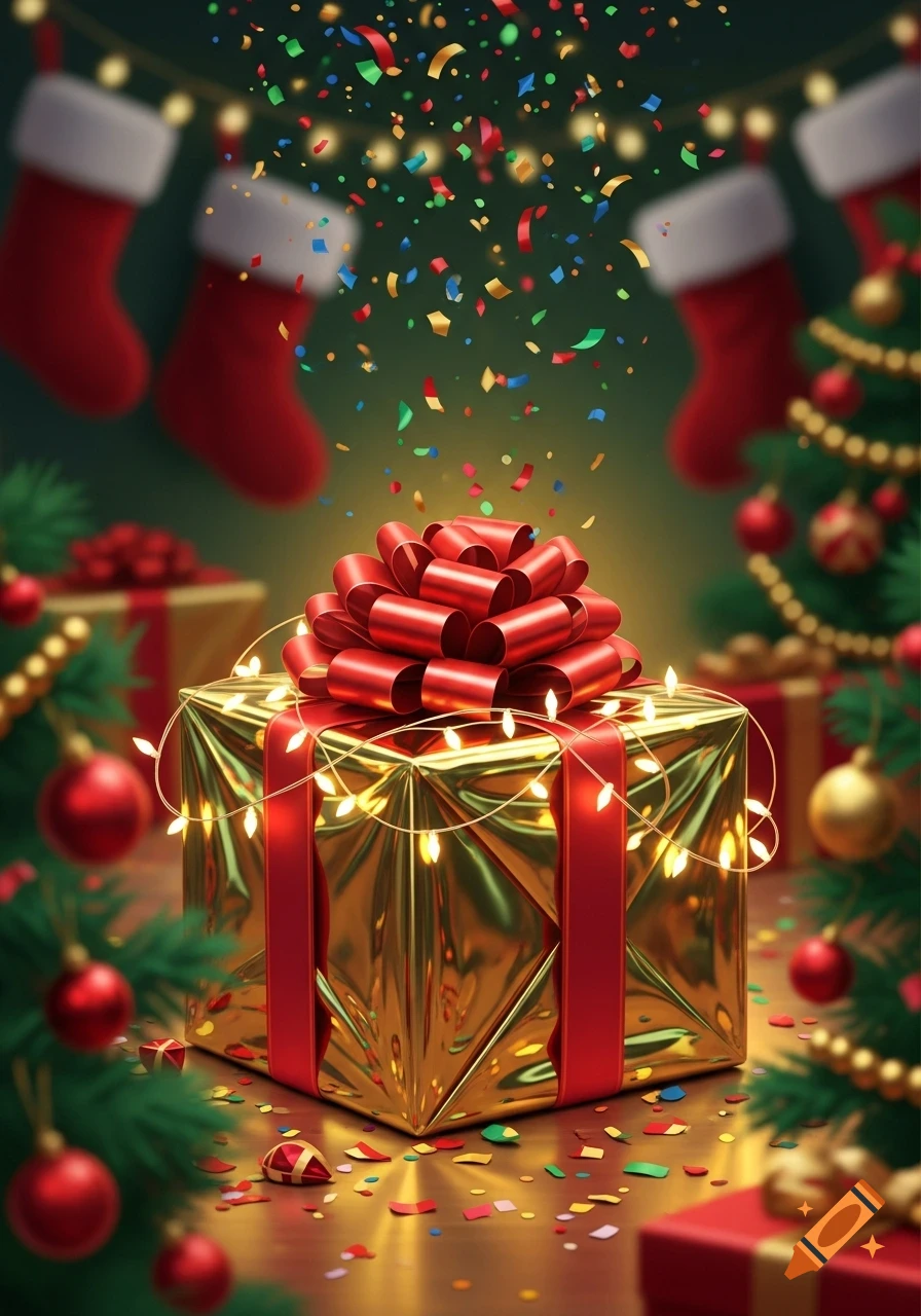 A gleaming gold Christmas gift with a red bow and string lights, surrounded by falling confetti, with blurred Christmas tree branches and stockings in the background.