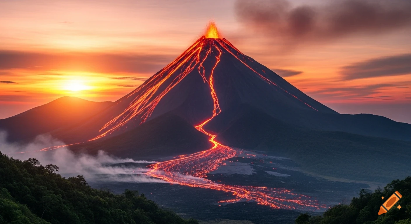A dramatic volcanic eruption with bright orange lava flowing down the sides of a dark mountain against a vibrant orange and pink sunset sky.