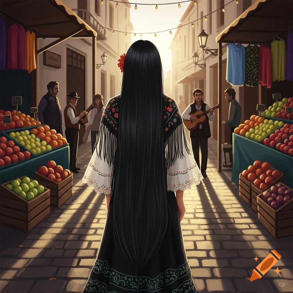 A woman with long black hair and a traditional embroidered shawl stands in a sunlit outdoor market with fruit stands and musicians in the background.