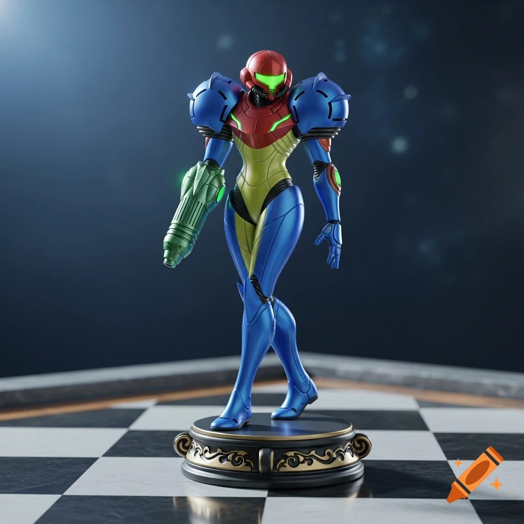 A detailed Samus Aran figurine in blue and yellow armor, posed on a decorative chess piece base on a checkered board.