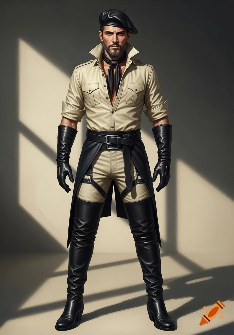 A handsome man with a goatee in a beret, open cream leather shirt, black neck scarf, leather gloves, and thigh-high black leather boots.