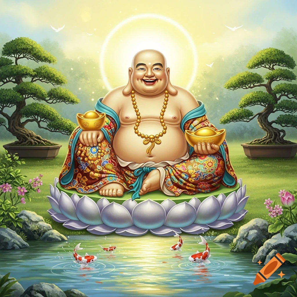 A cheerful Budai (Laughing Buddha) sits on a lotus, holding golden ingots in a serene garden with koi pond and bonsai trees.