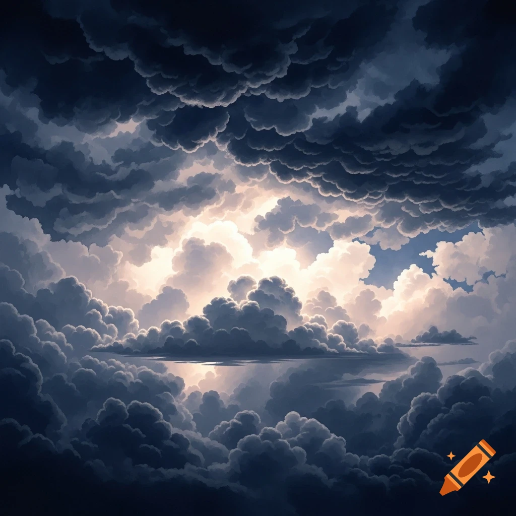 A dramatic watercolor painting of thick, dark storm clouds surrounding a bright opening of lighter clouds in the sky.