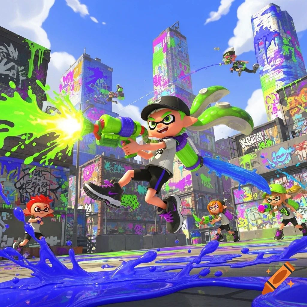 Colorful Splatoon characters battle with ink guns in a graffiti-covered city, vibrant green and blue ink splattering everywhere.
