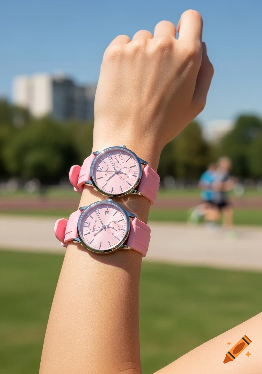 Close-up of a person's arm wearing two pink watches with silicone straps, outdoors on a sunny day.