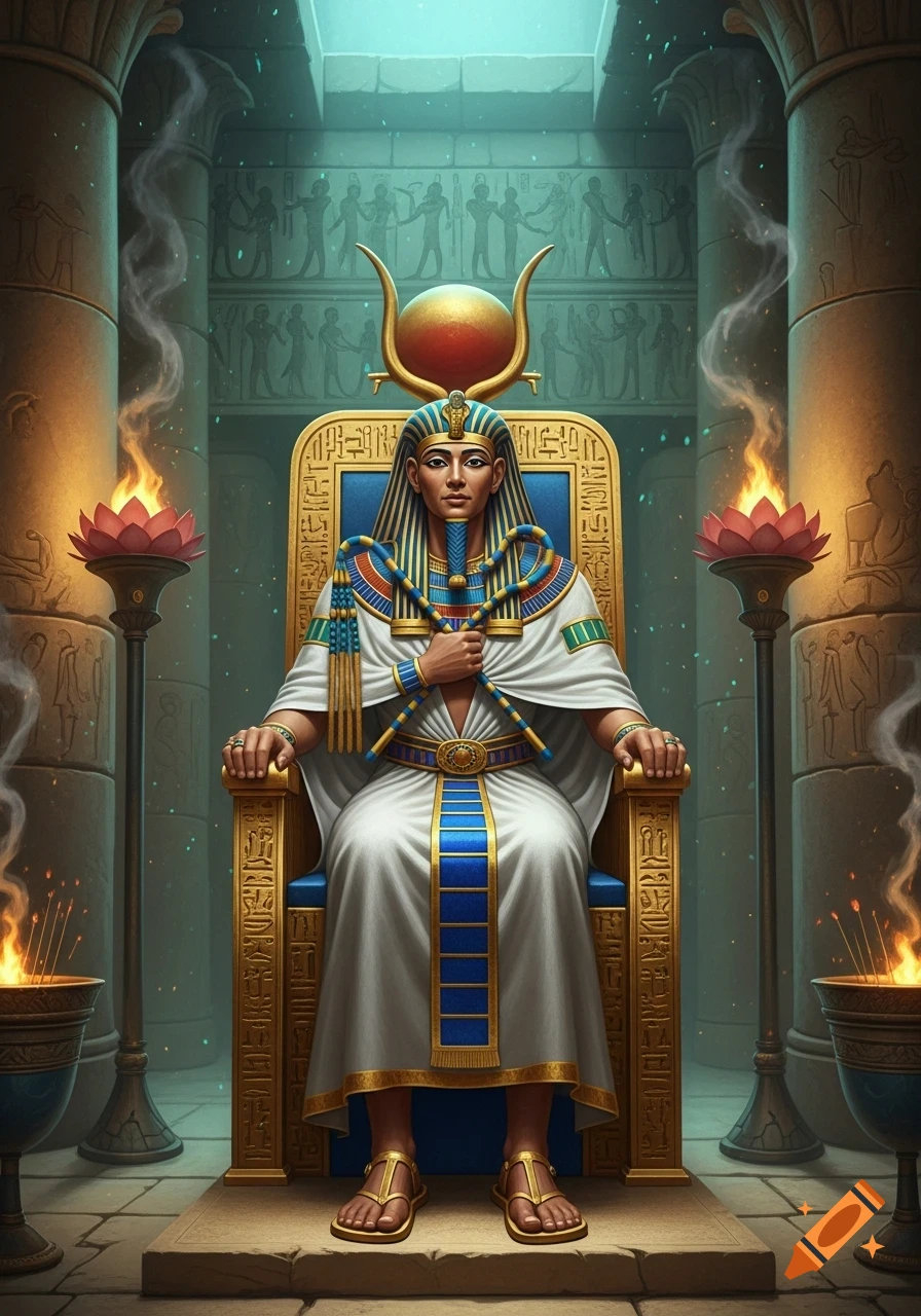 An ancient Egyptian pharaoh or deity sits regally on a golden throne in a torch-lit temple with hieroglyph-covered walls, holding traditional symbols.
