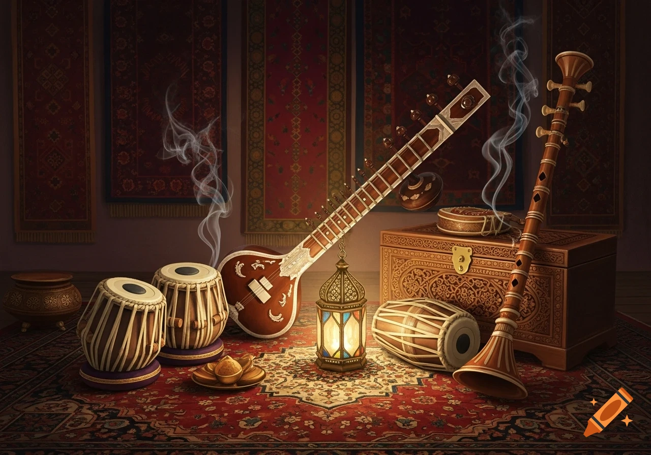 A still life scene featuring Indian musical instruments like a sitar, tabla drums, and a shehnai, arranged on an ornate rug with an illuminated lantern and incense smoke.