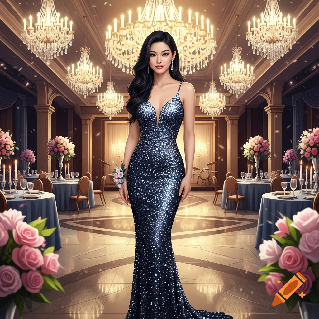 A woman in a shimmering dark blue sequined gown stands in a grand ballroom with crystal chandeliers.