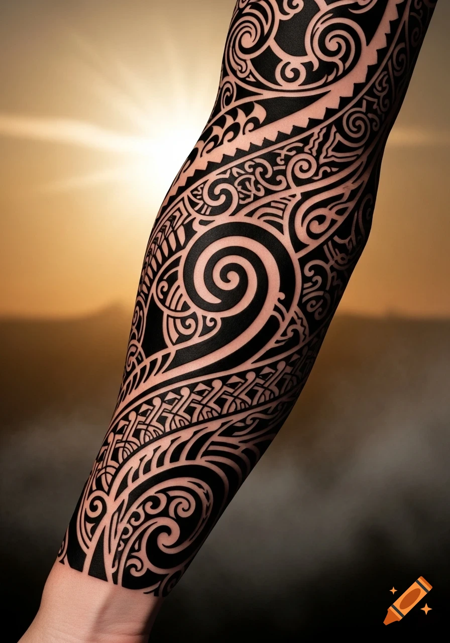 An arm covered in a detailed black Maori tribal tattoo against a golden sunset background.