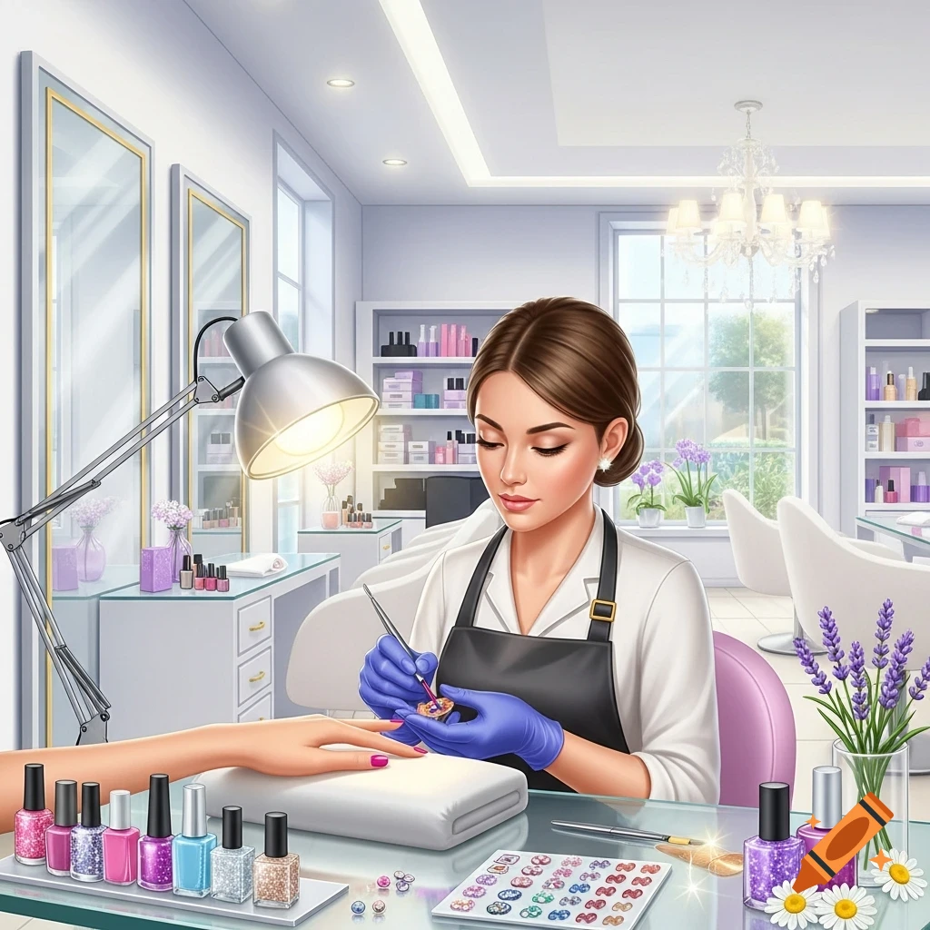 A manicurist in blue gloves applies nail art to a client's hand in a brightly lit nail salon, surrounded by nail polish bottles. Digital art.