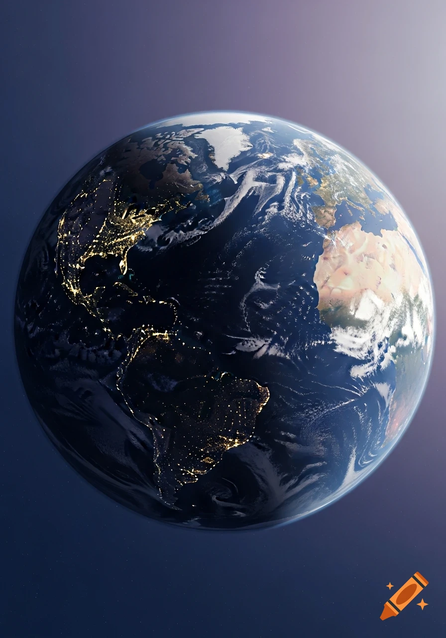 A photorealistic 3D globe of Earth from space, with city lights glowing on the night side and continents visible in daylight.
