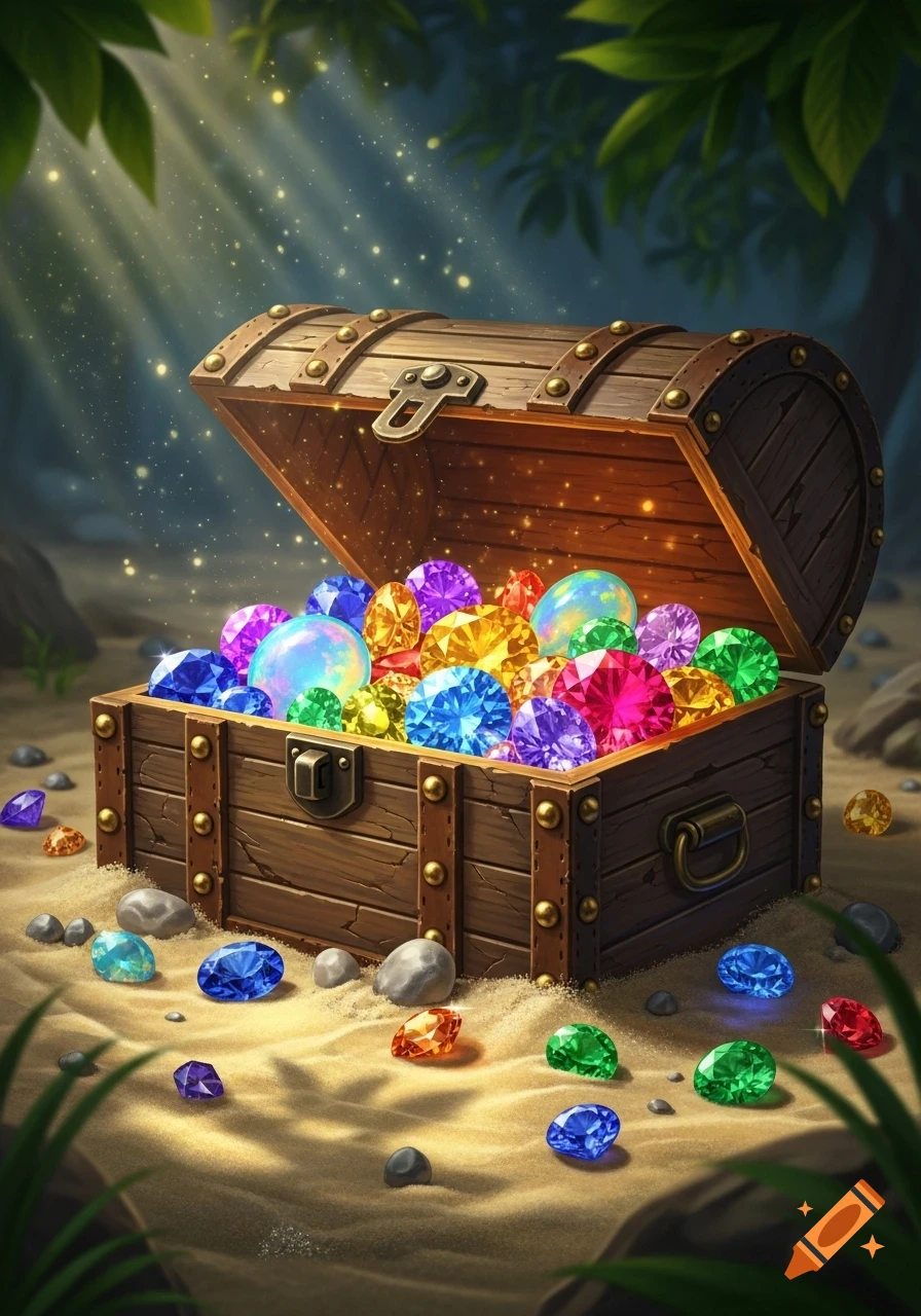 An open wooden treasure chest overflowing with sparkling colorful gemstones on sandy ground, bathed in magical sunlight through leaves, in a fantasy illustration.