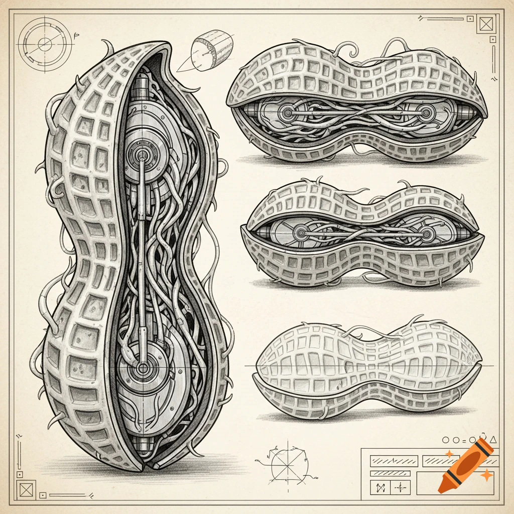 A detailed biomechanical peanut blueprint with mechanical parts and wires exposed inside a cracked shell, in a technical sketch style.
