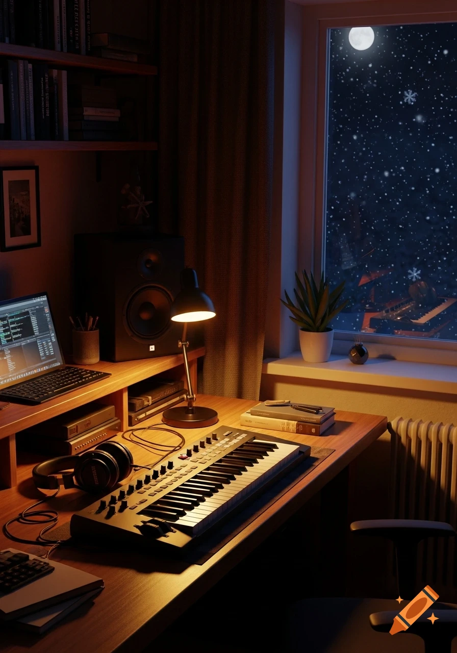 A cozy, dimly lit music workspace at night with a midi keyboard, headphones, and a laptop. Outside the window, snow falls under a full moon.