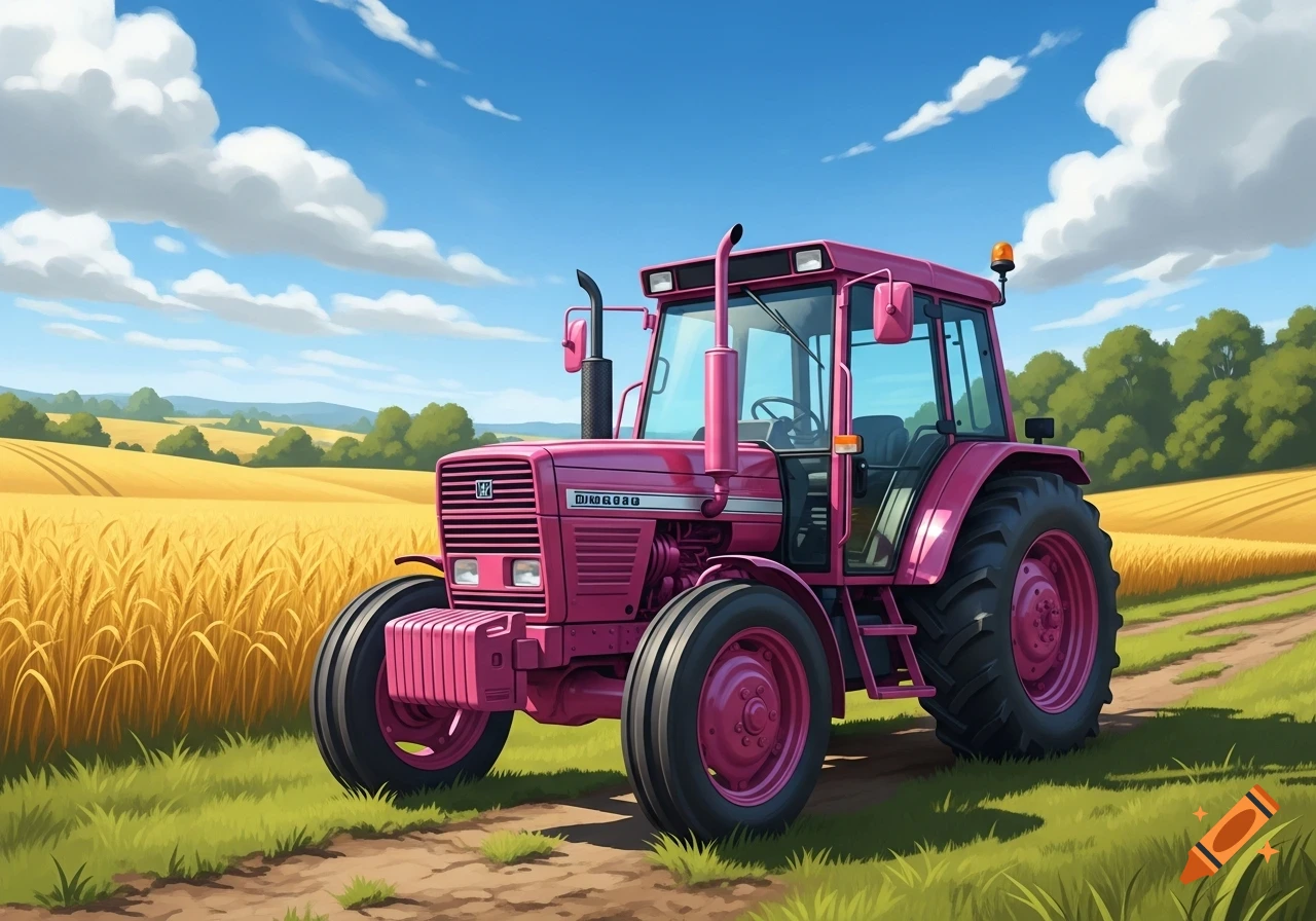 A vibrant pink tractor with black wheels on a dirt path in a sunny golden wheat field under a blue sky.