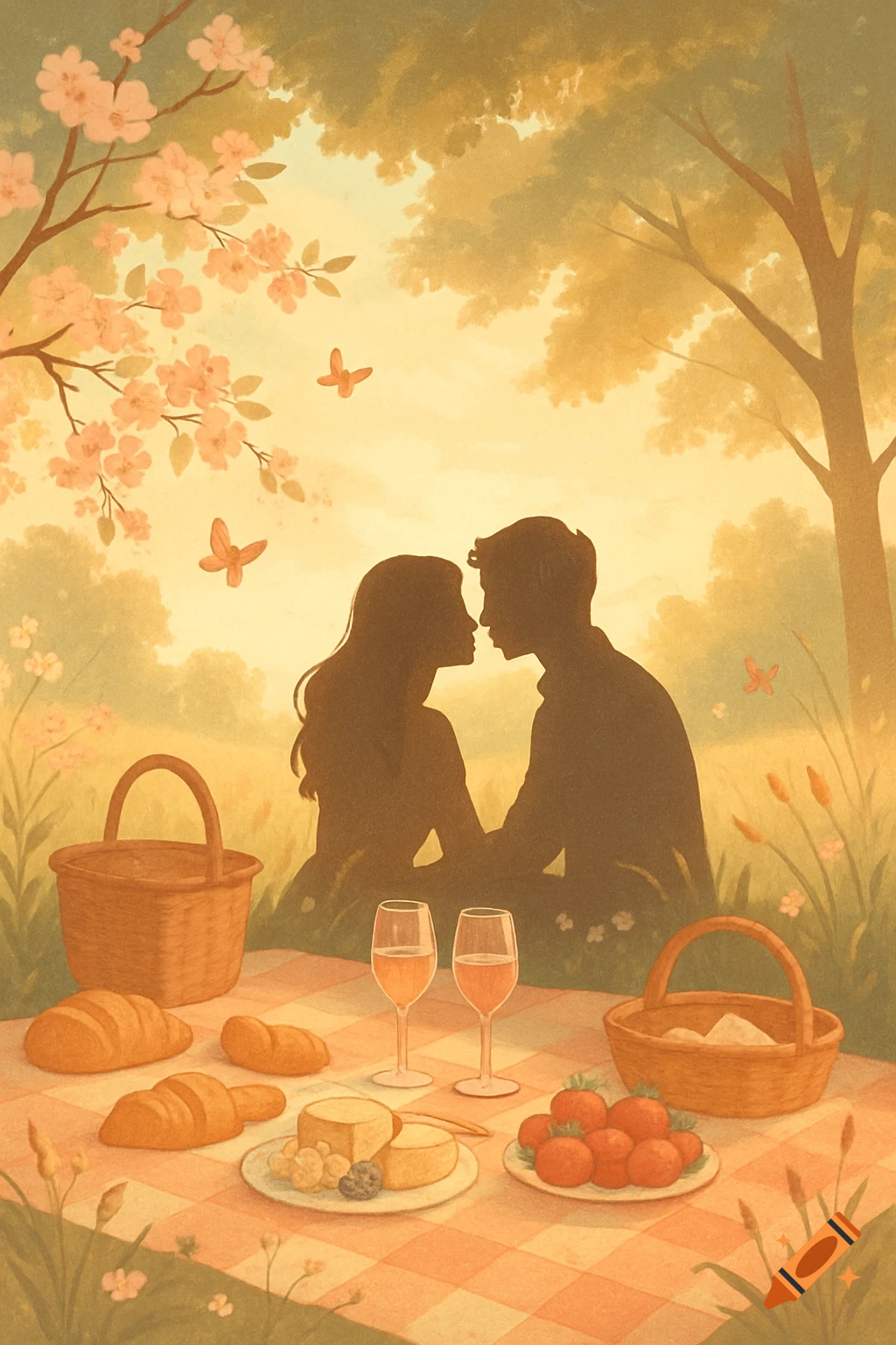 Illustration of a silhouetted couple having a romantic picnic with wine ...