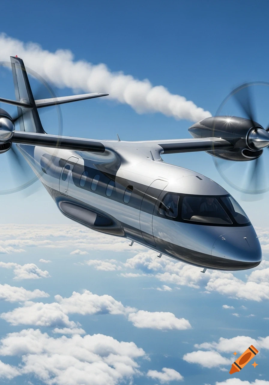 Photorealistic silver propeller aircraft flying above white clouds in a blue sky.