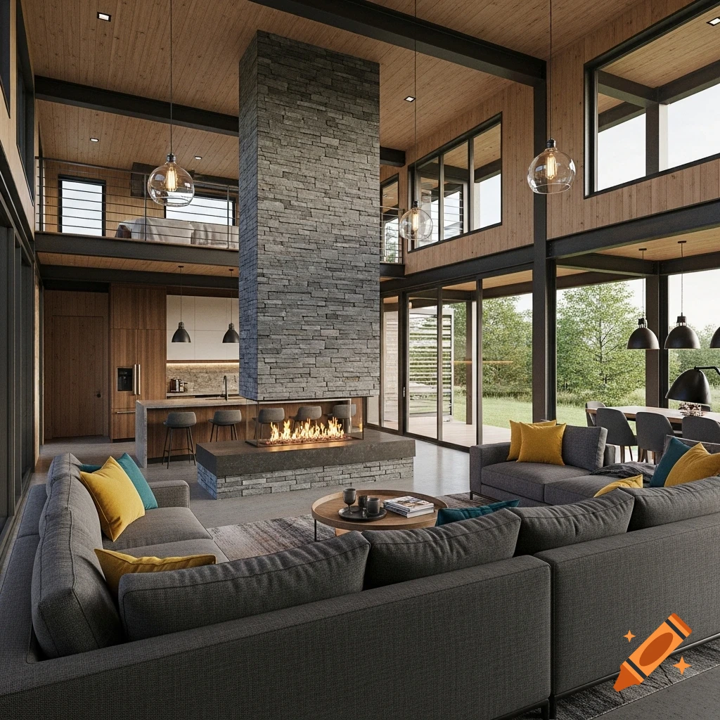 A photorealistic interior of a modern living room with a stone fireplace, large gray sofas, and expansive windows looking out to trees.