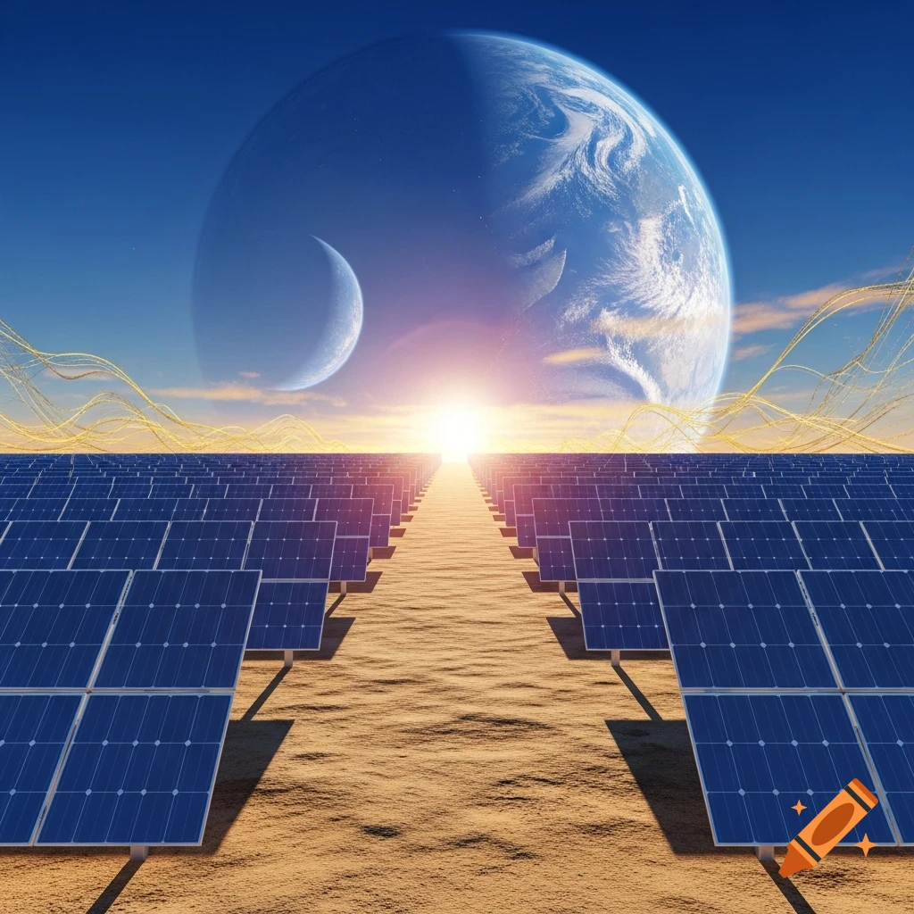 Vast field of solar panels in a desert leading to a bright horizon, with a large planet and moon in the blue sky.