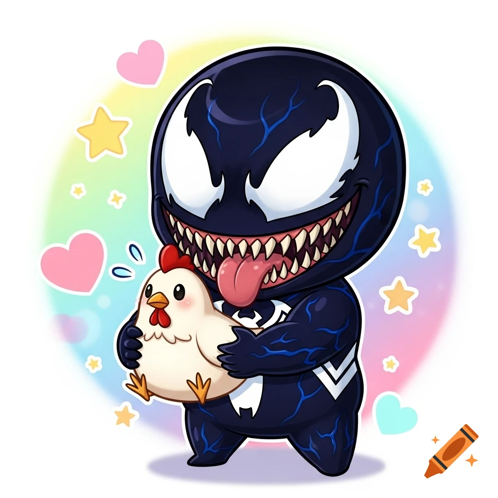 Chibi Venom, a dark blue creature with a wide, toothy grin, holds a small white chicken against a colorful background with hearts and stars.