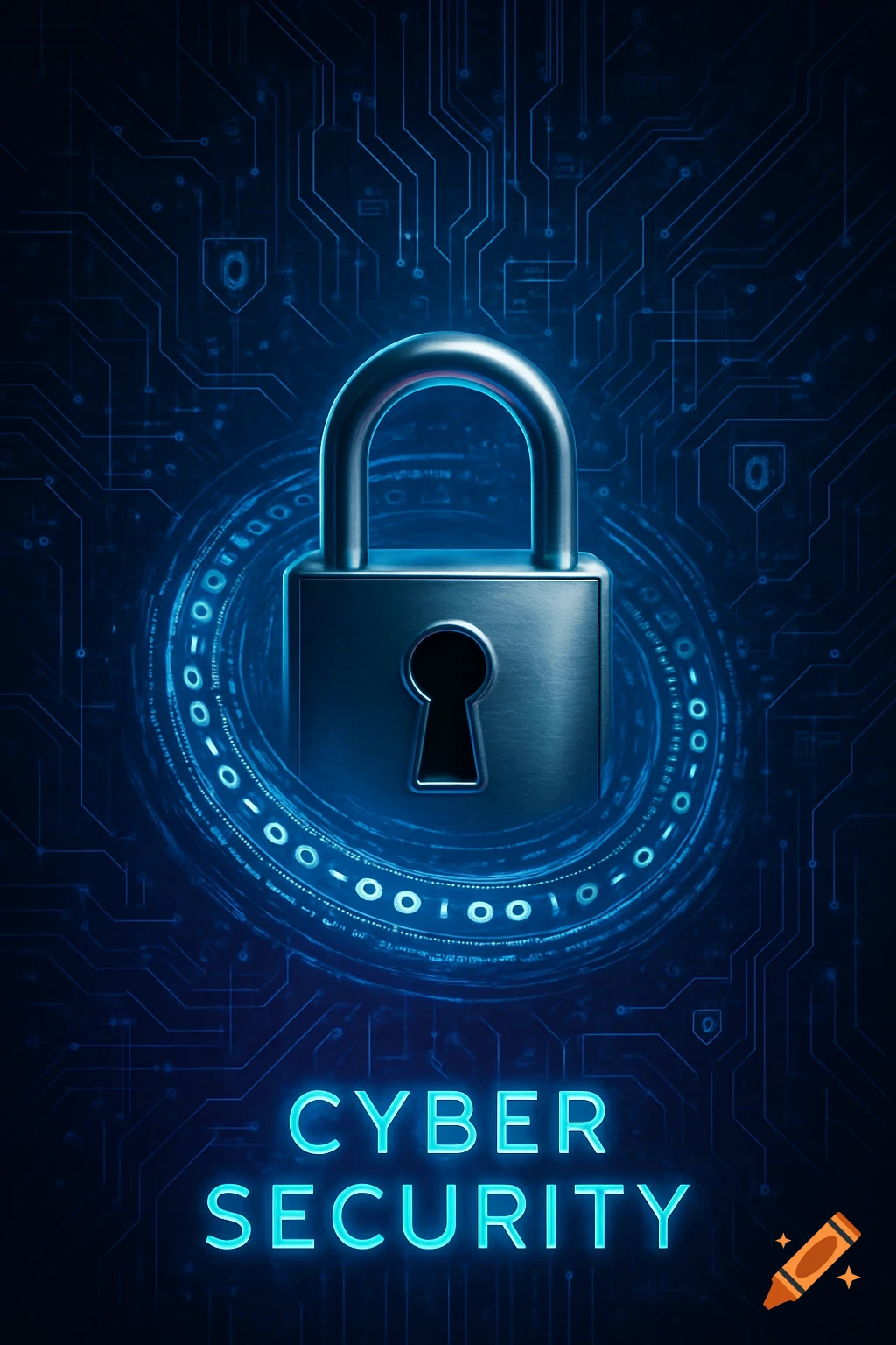 A metallic padlock centered on a blue glowing circuit board background with the words 'CYBER SECURITY' illuminated at the bottom.