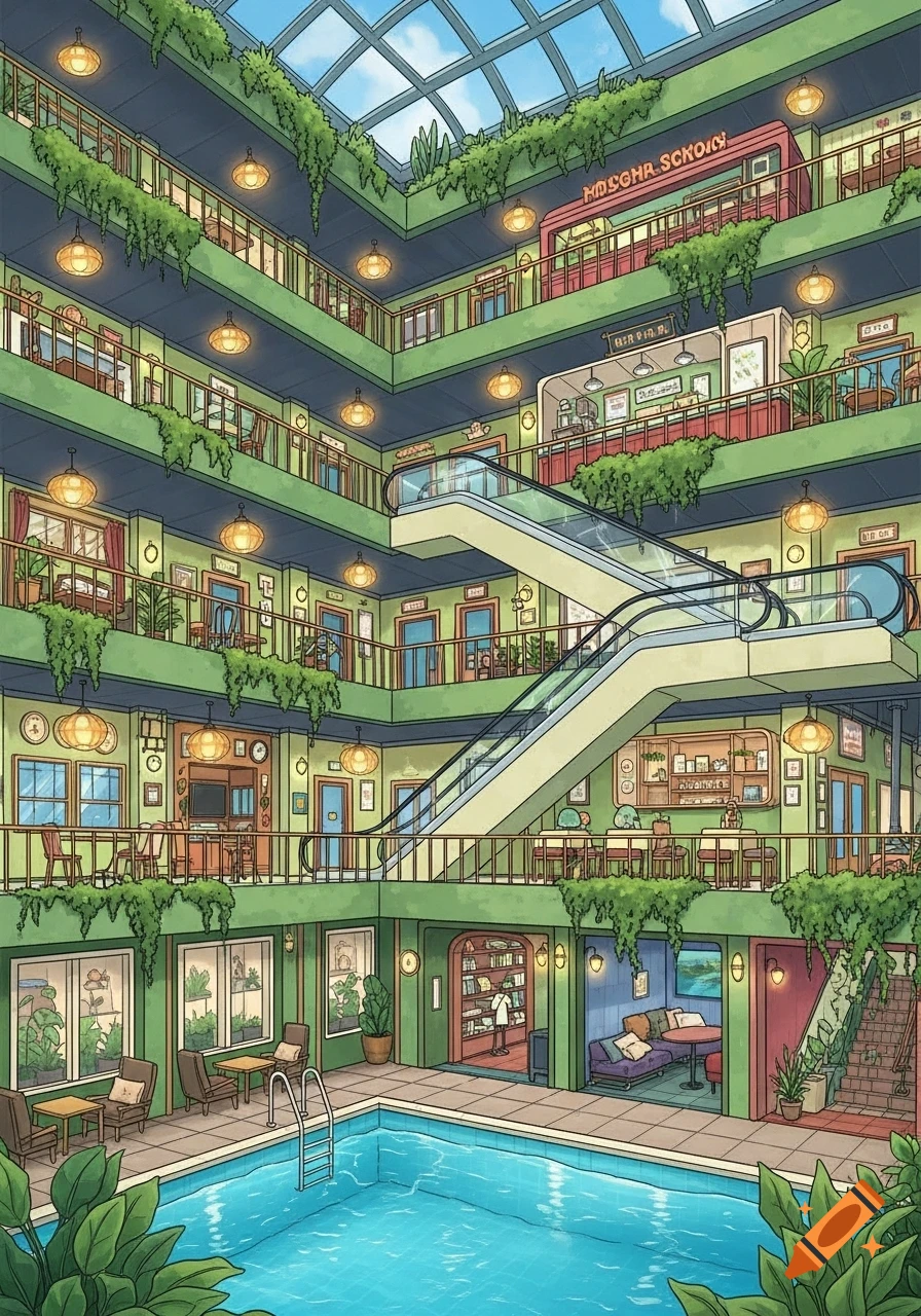 An isometric cartoon illustration of a multi-story indoor building with a large swimming pool, escalators, and various rooms with plants and warm lights under a glass ceiling.