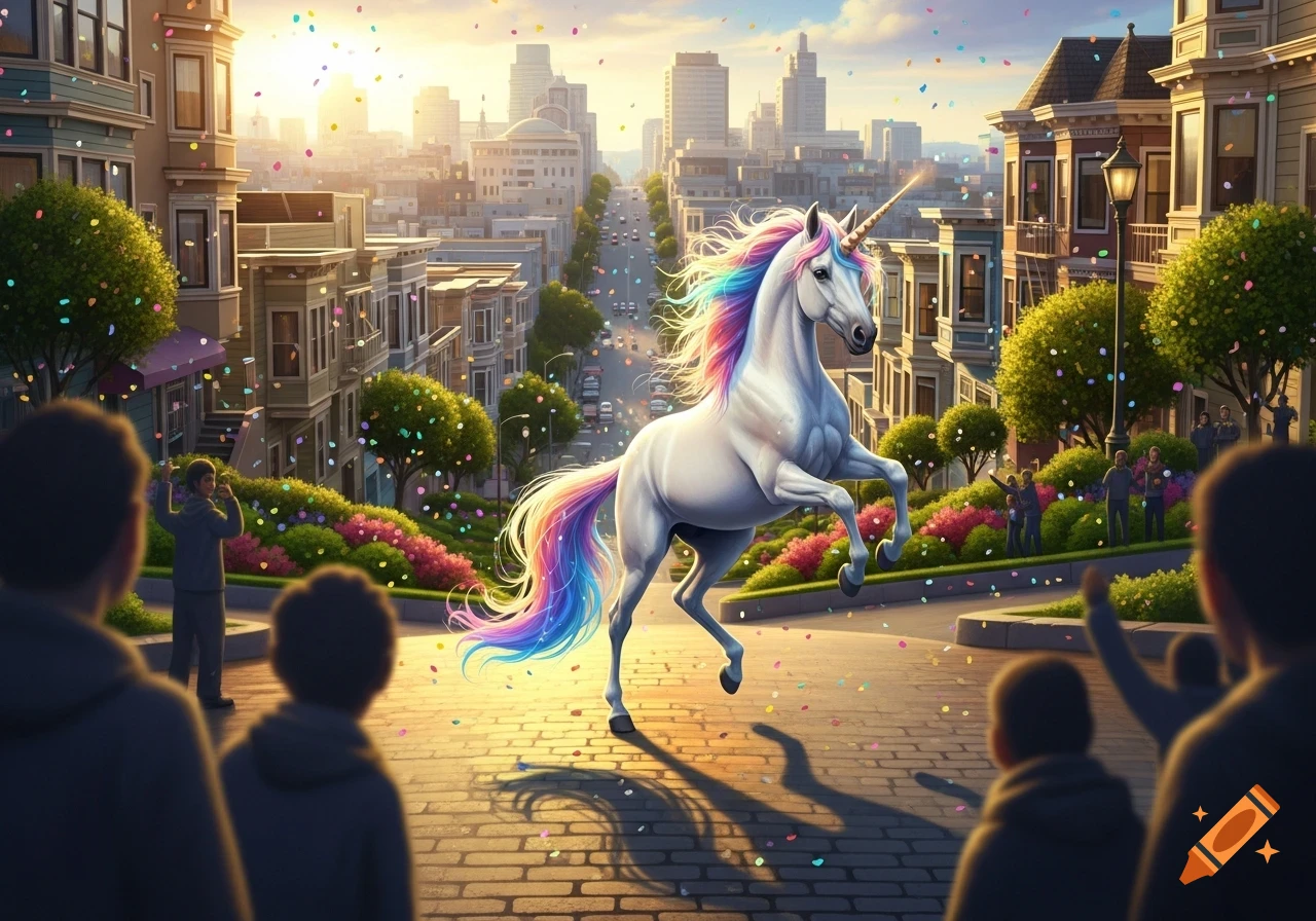 A white unicorn with a rainbow mane and tail rears on a hilly San Francisco street as confetti falls and people watch.
