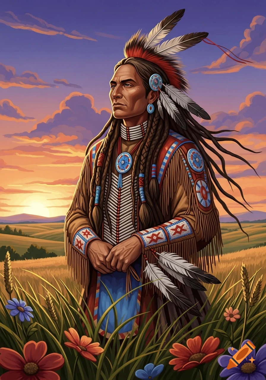 Illustration of a Native American man in traditional feathered and beaded attire, standing in a field at sunset.