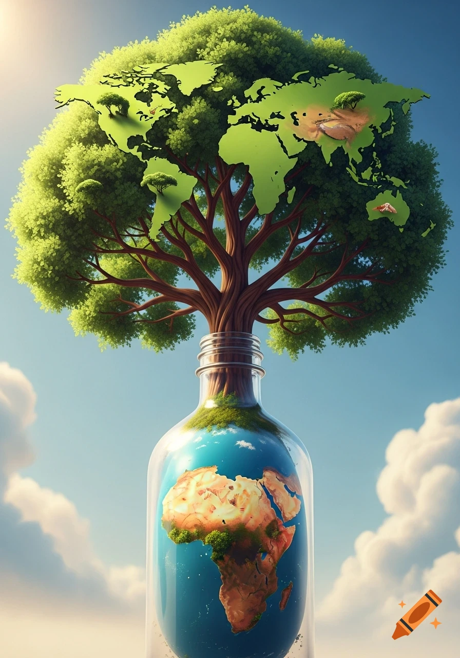 A stylized tree grows from a bottle holding Africa, its leaves forming a world map against a blue sky.